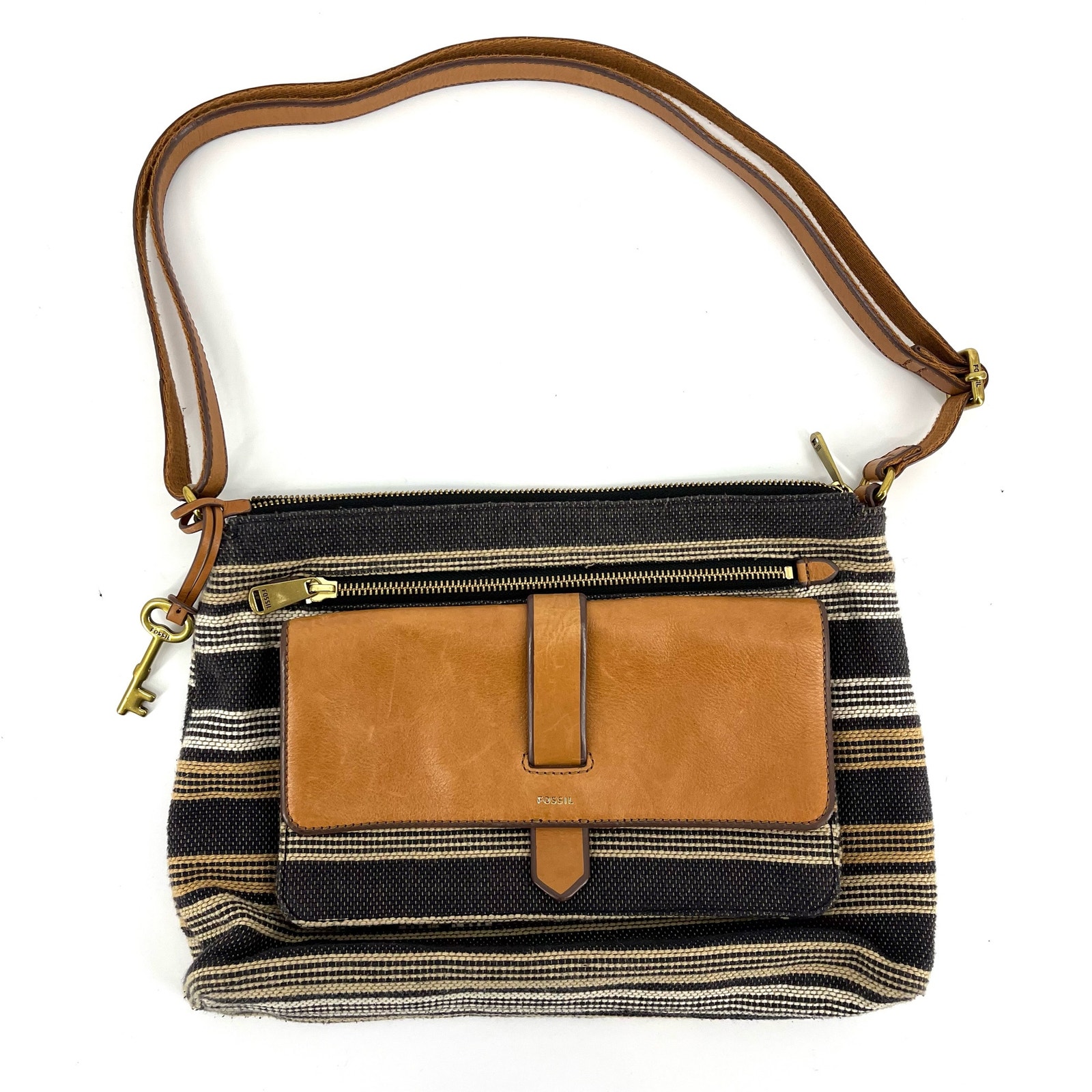 Fossil Striped Fabric Purse With Leather Front Shoulder Bag Key Charm